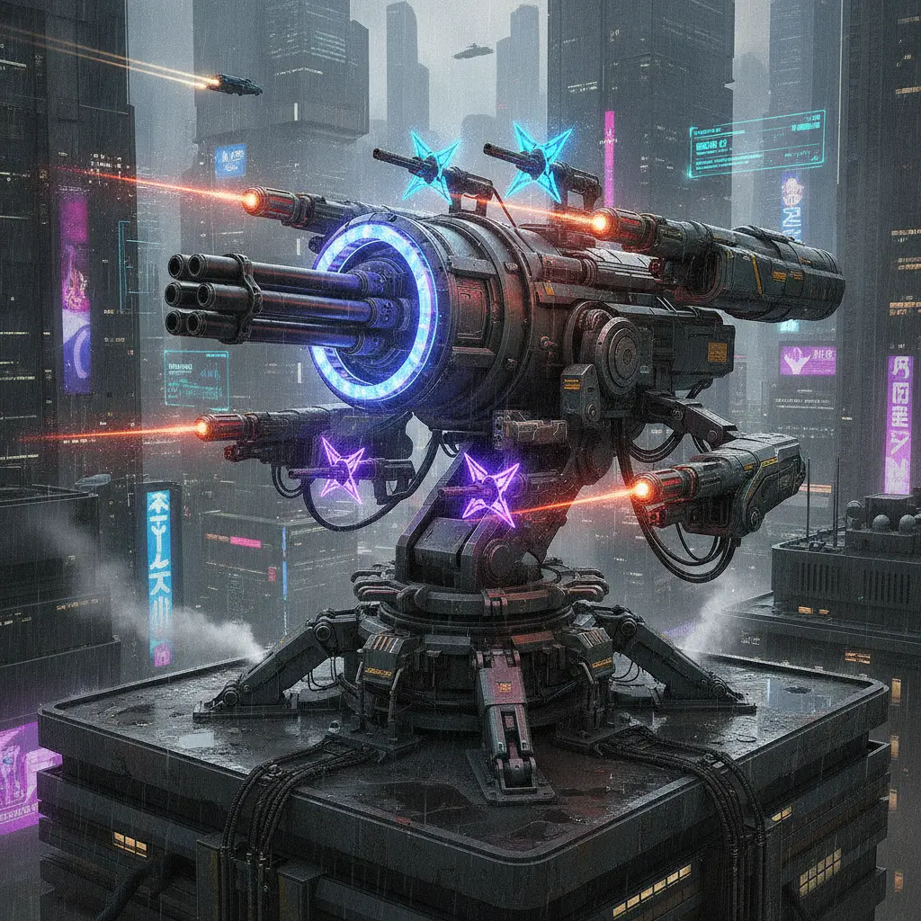 An AI-generated cyberpunk weapon turret on a rooftop above a neon city — an example weapon from Infinite Armory.